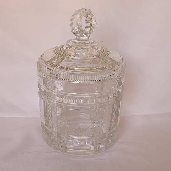 Antique Duncan & Sons Glass Cryptic Zipper Ribbon Stars Lidded Bisquit Jar 1880s - Picture 1 of 8